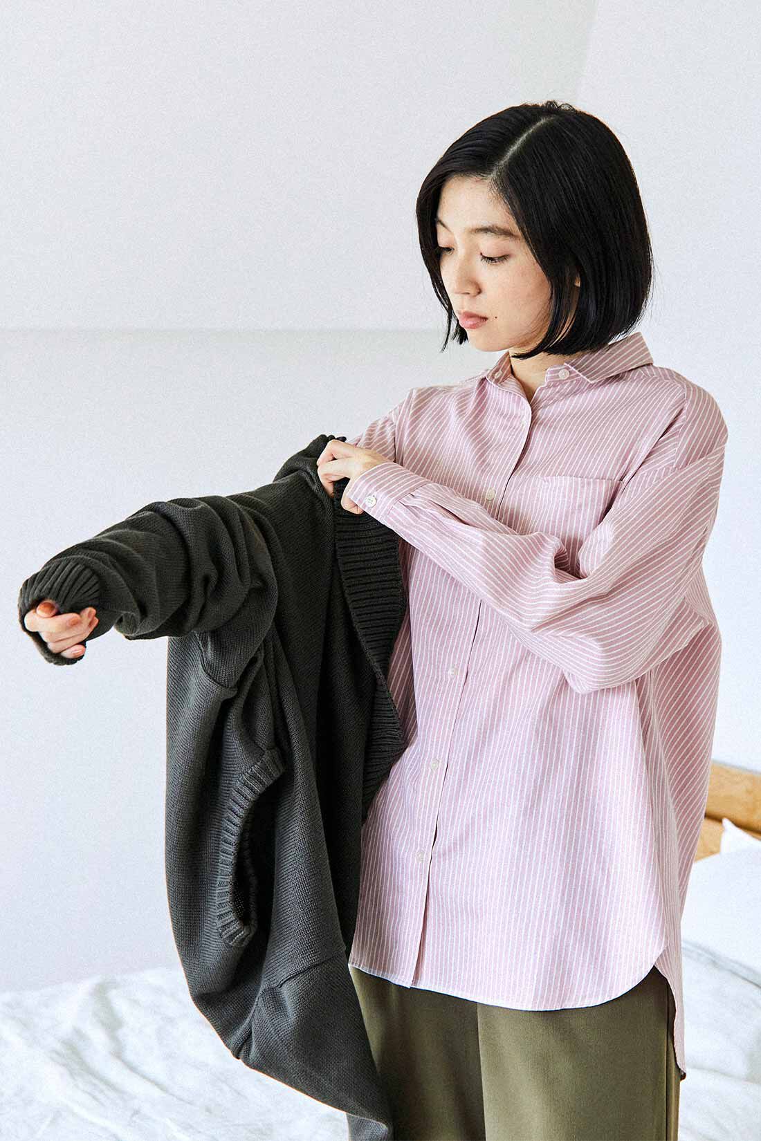 THREE FIFTY STANDARD|THREE FIFTY STANDARD　ピンクのストライプワイドシャツ