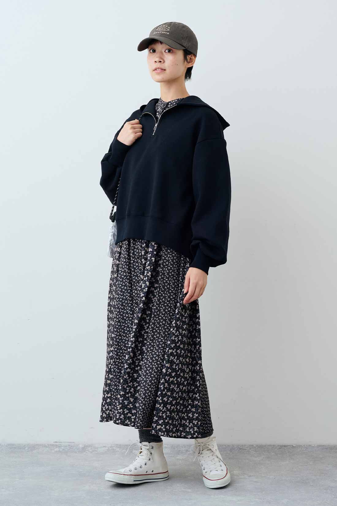 THREE FIFTY STANDARD|ダンボールニットのセットアップ〈ブラック〉のコーディネート|モデル身長：163cm 着用サイズ：M