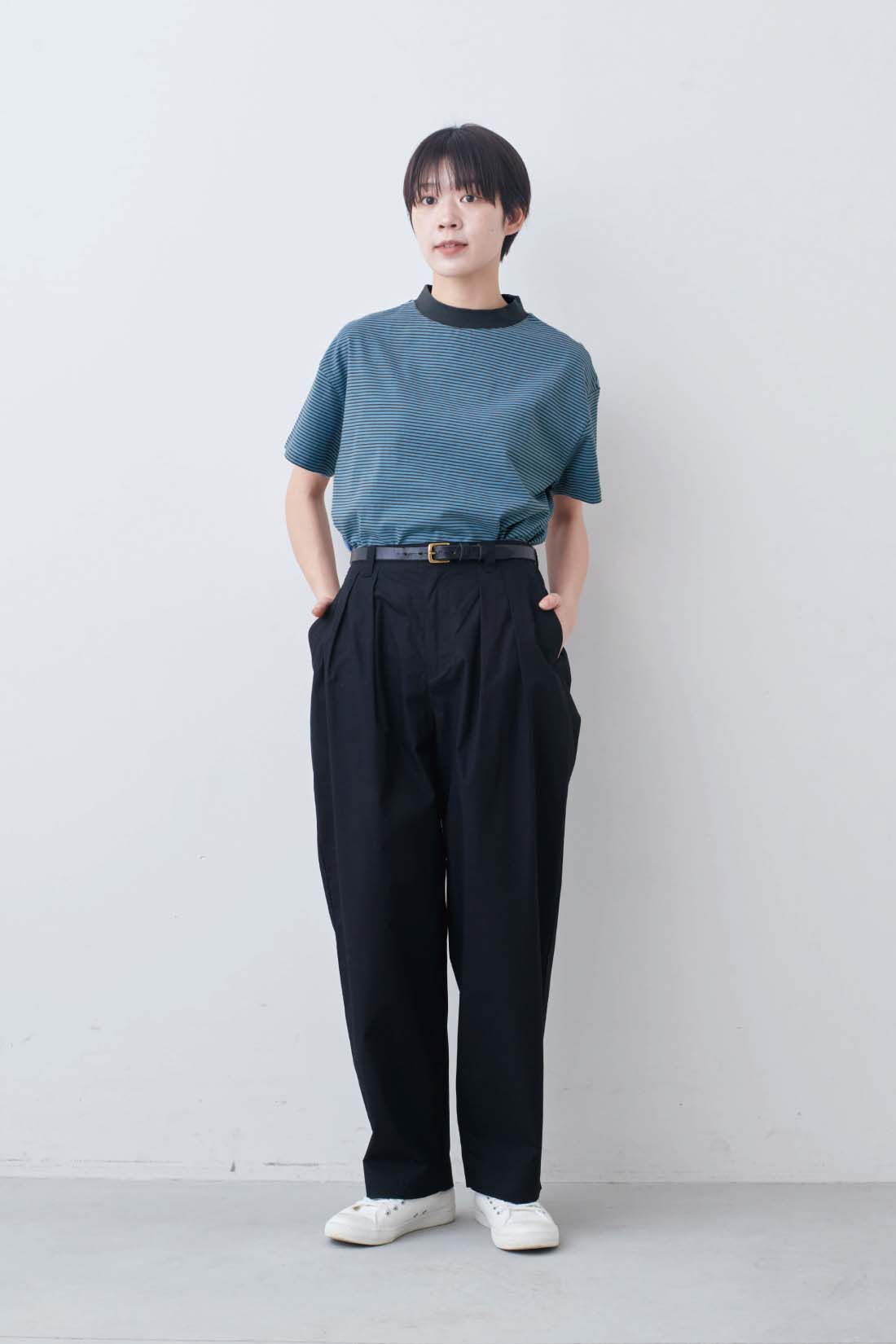 THREE FIFTY STANDARD|THREE FIFTY STANDARD　こだわりボーダーTシャツの会|モデル身長：163cm　着用サイズ：M