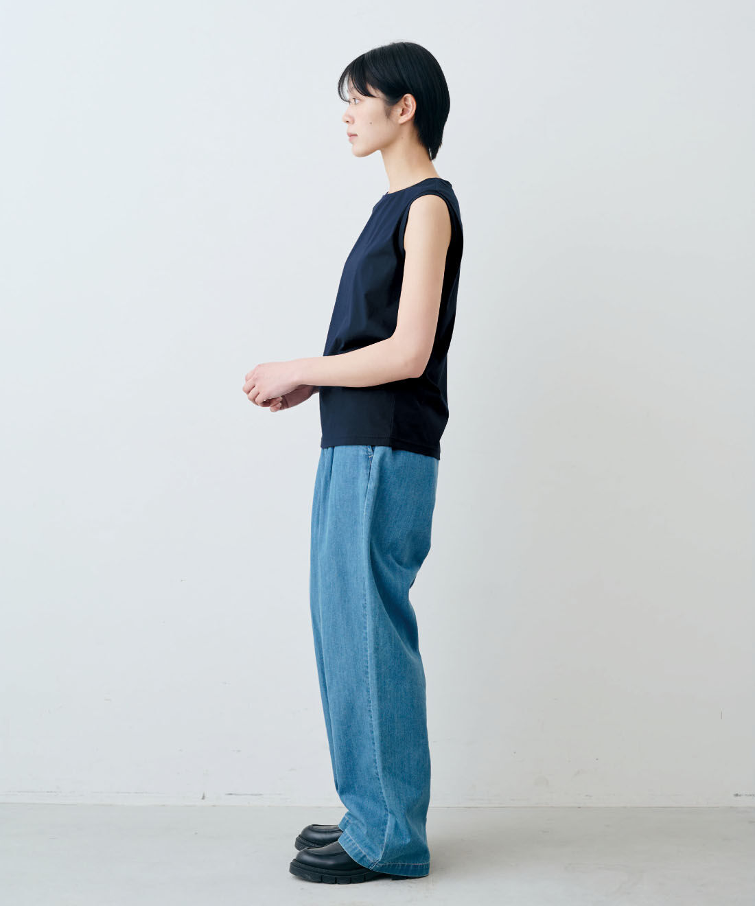 THREE FIFTY STANDARD|THREE FIFTY STANDARD　シルケット加工のタンクトップの会|モデル身長：163cm　着用サイズ：M