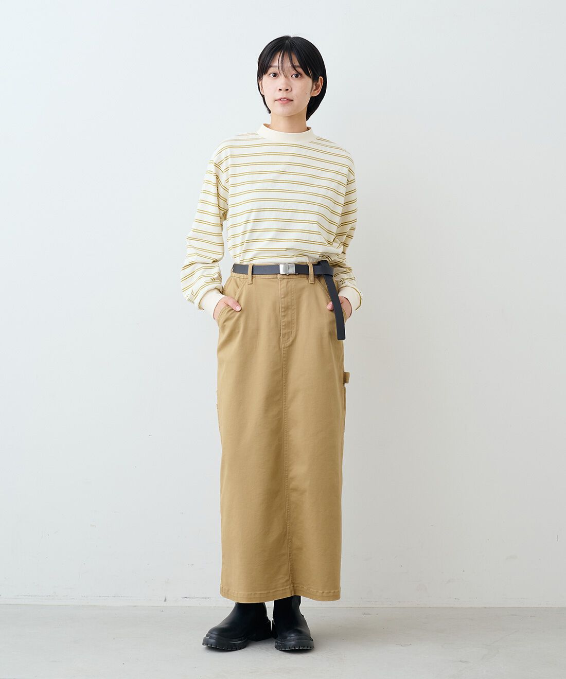 THREE FIFTY STANDARD［スリーフィフティースタンダード］|レトロなボーダーＴシャツ　ＴＦＳのコーディネート|モデル身長：163cm 着用サイズ：M