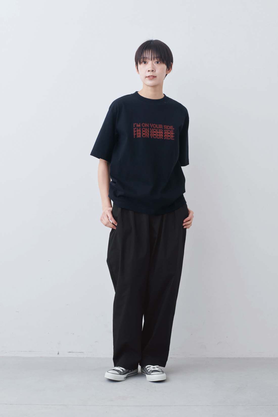 THREE FIFTY STANDARD|THREE FIFTY STANDARD　ラフなシルエットのテーパードパンツ〈ブラック〉|モデル身長：163cm　着用サイズ：M