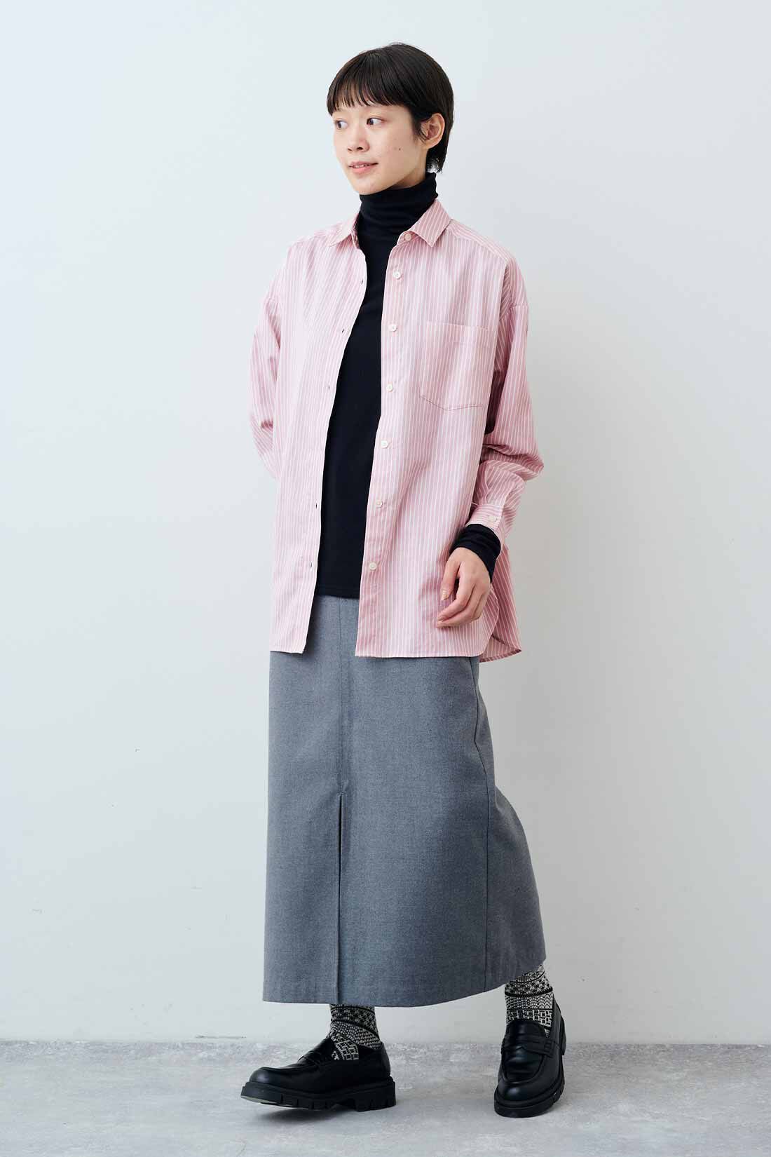THREE FIFTY STANDARD|THREE FIFTY STANDARD　ピンクのストライプワイドシャツ|モデル身長：163cm　着用サイズ：M