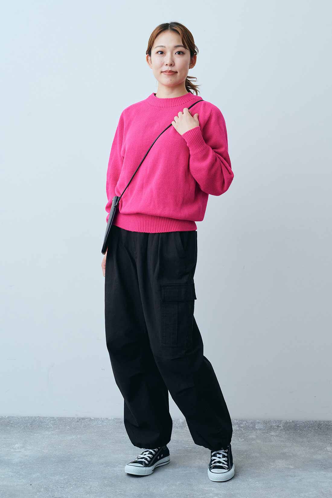 THREE FIFTY STANDARD|THREE FIFTY STANDARD ホールガーメント（R）のカラーニットセーター〈ピンク〉|モデル身長：165cm　着用サイズ：M