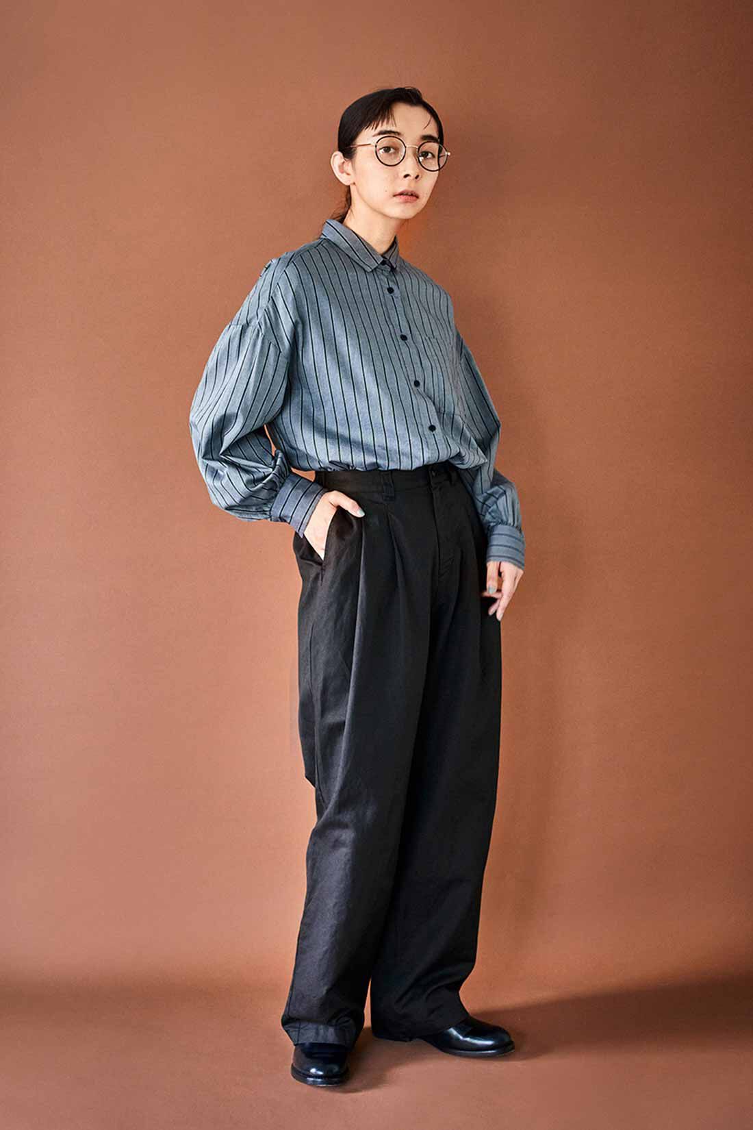 THREE FIFTY STANDARD|THREE FIFTY STANDARD リネン混ワイドストレートパンツ〈ダークネイビー〉