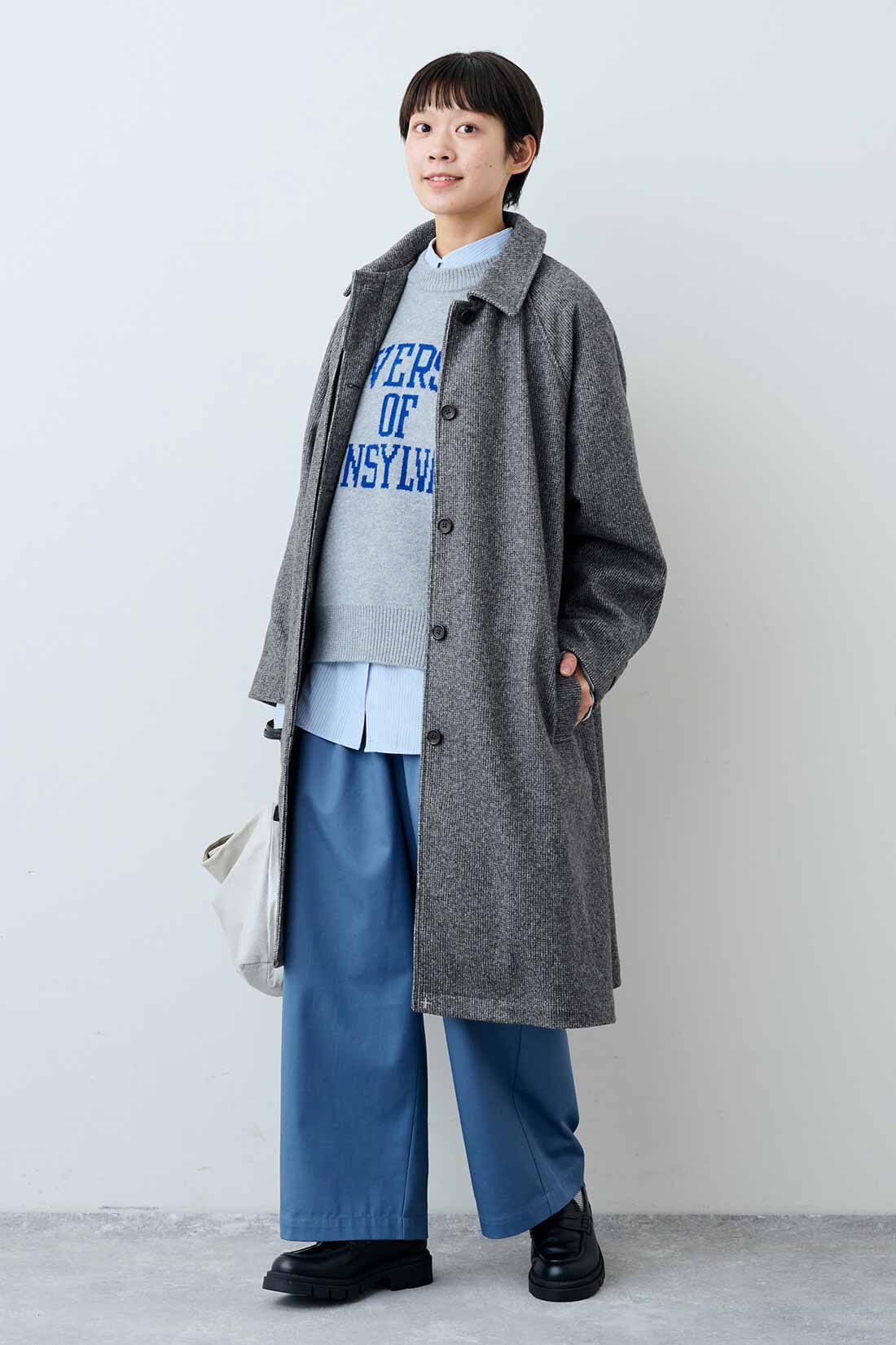 THREE FIFTY STANDARD|THREE FIFTY STANDARD　小谷 実由さんと作った 細かいチェック柄のアンクルコート〈グレー〉|モデル身長：163cm　着用サイズ：M