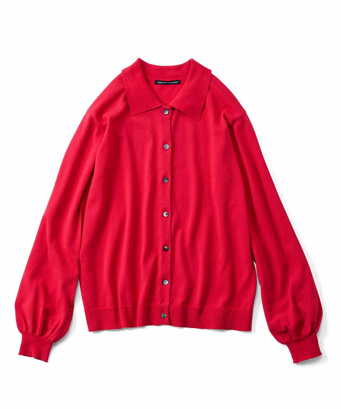 THREE FIFTY STANDARD|THREE FIFTY STANDARD　コットン100％のポロカラーカーディガン〈レッド〉