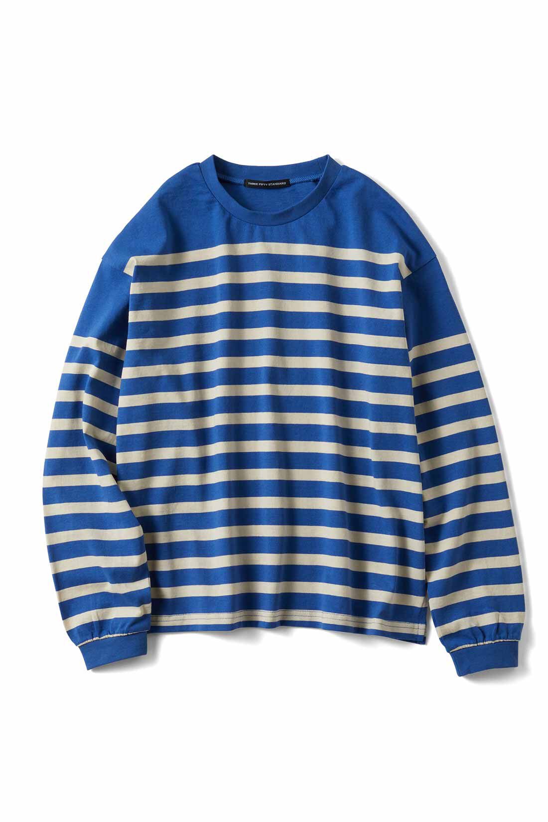 THREE FIFTY STANDARD|THREE FIFTY STANDARD クルーネックのパネルボーダーTシャツの会|ブルー×ライトベージュ