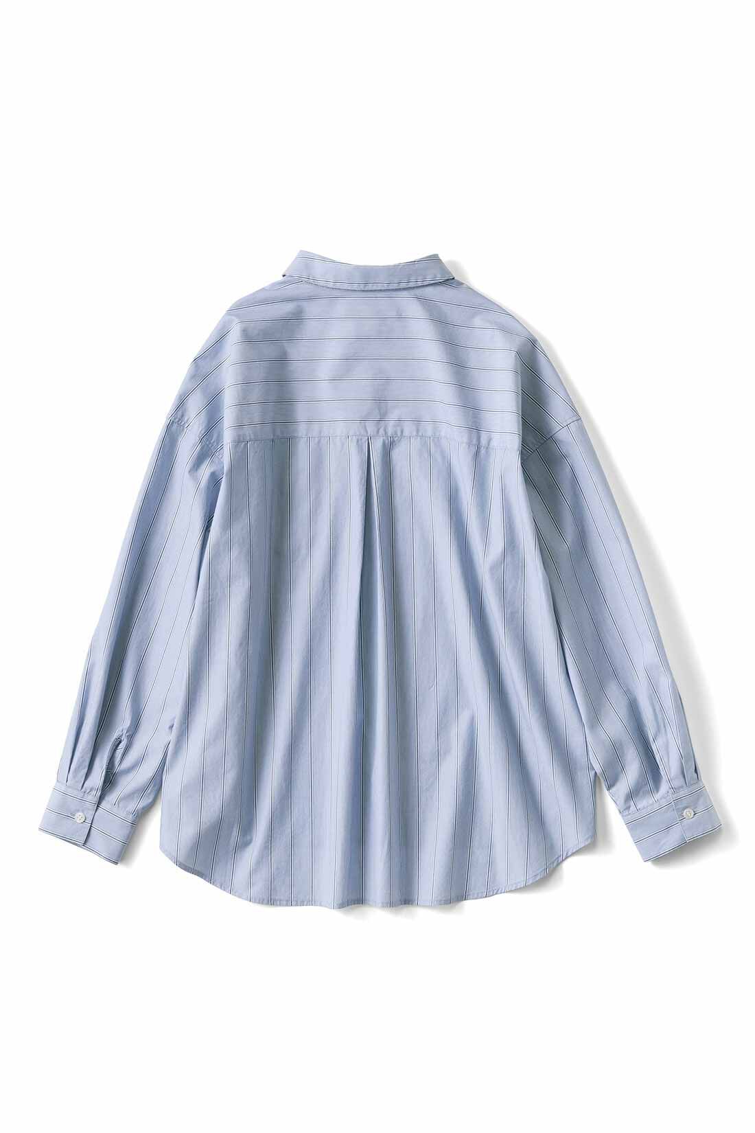 THREE FIFTY STANDARD|THREE FIFTY STANDARD ワンポイント刺しゅうのストライプシャツ〈ブルーグレー〉|BACK