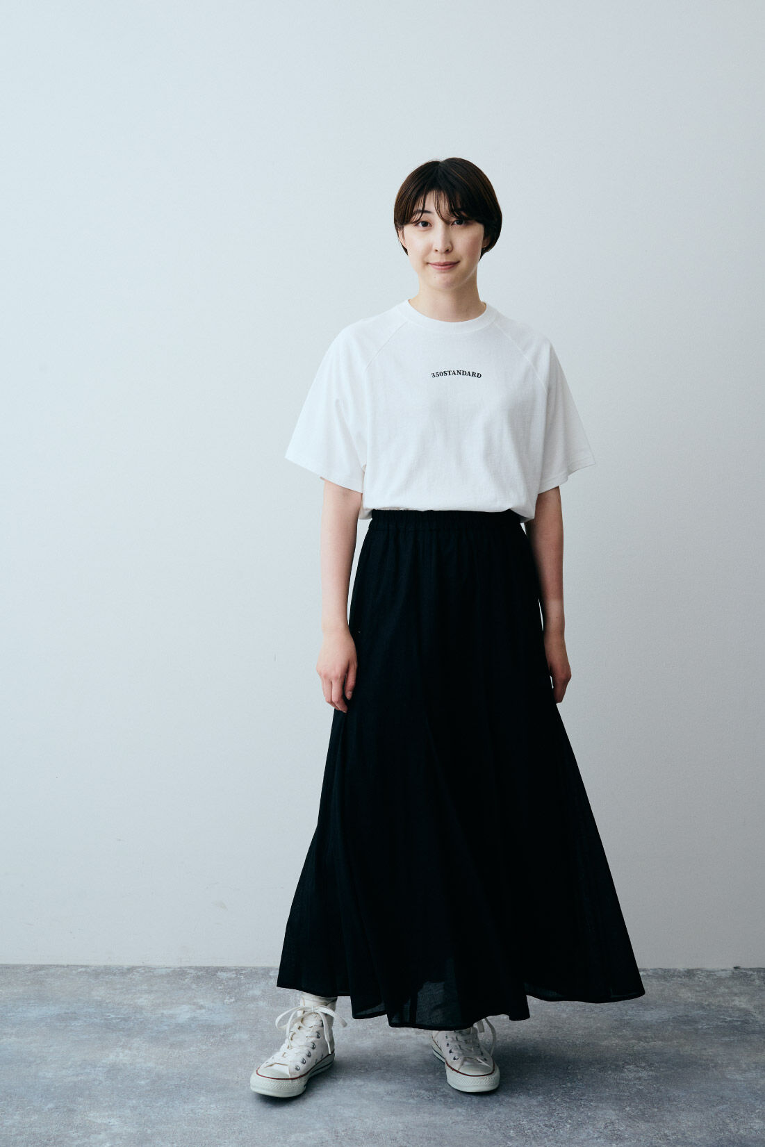 THREE FIFTY STANDARD|フレアースカートブラック　ＴＦＳのコーディネート