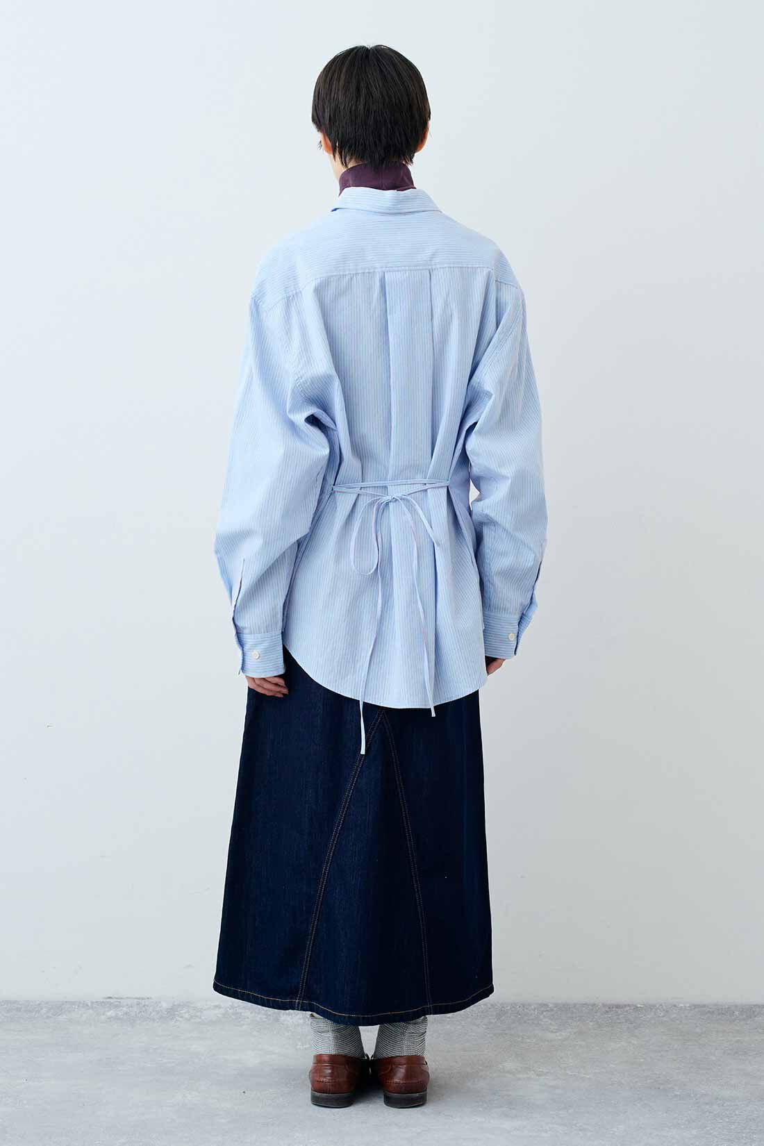 THREE FIFTY STANDARD|THREE FIFTY STANDARD　小谷 実由さんと作った ピッチや色にこだわった ストライプのシャツ〈ブルー〉|モデル身長：163cm　着用サイズ：M