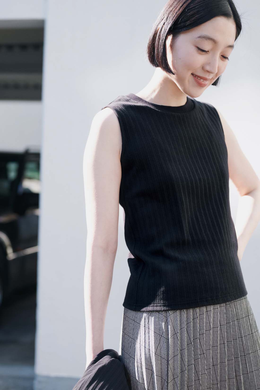 THREE FIFTY STANDARD|THREE FIFTY STANDARD　針抜きテレコのカットソーアンサンブル〈ブラック〉