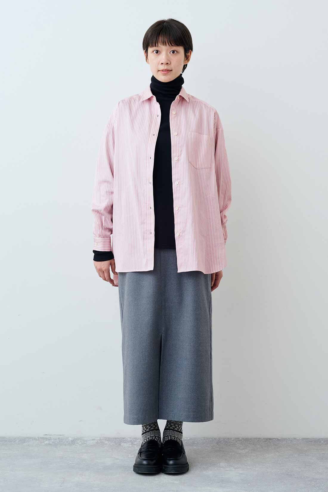 THREE FIFTY STANDARD|THREE FIFTY STANDARD　ピンクのストライプワイドシャツ|モデル身長：163cm　着用サイズ：M