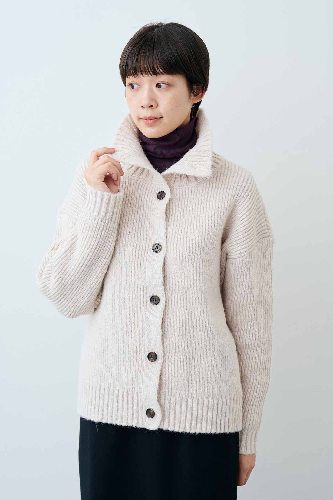 THREE FIFTY STANDARD|THREE FIFTY STANDARD　衿付きニットカーディガン〈ライトベージュ〉