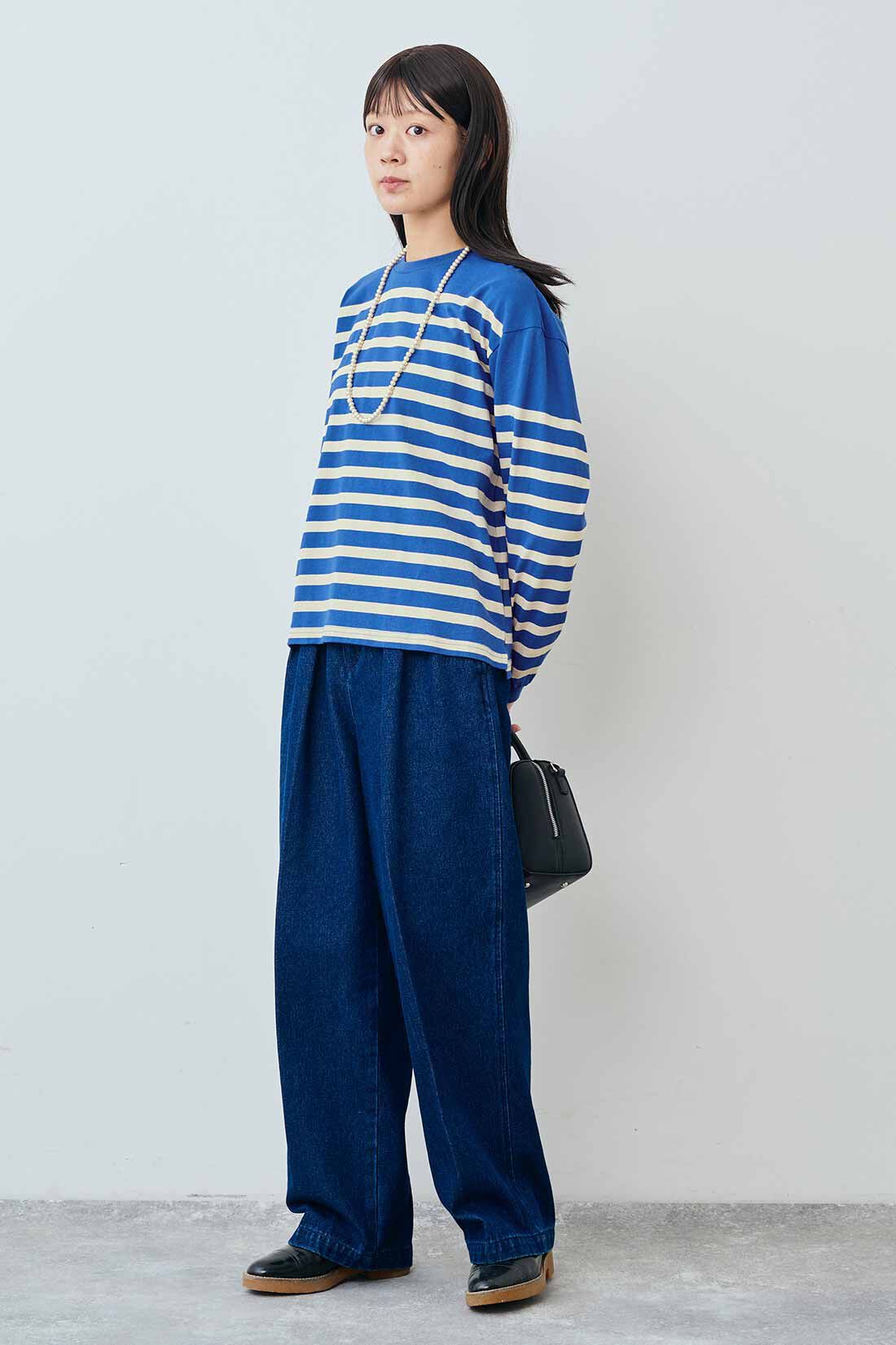 THREE FIFTY STANDARD|THREE FIFTY STANDARD クルーネックのパネルボーダーTシャツの会|モデル身長：163cm　着用サイズ：M