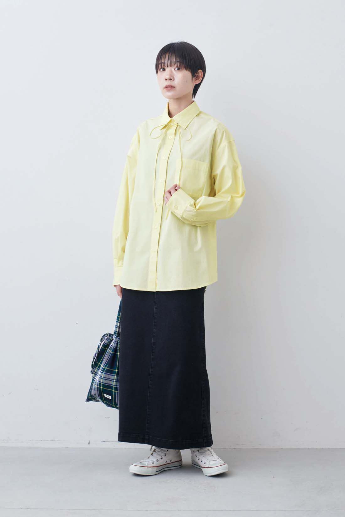 THREE FIFTY STANDARD|THREE FIFTY STANDARD　小谷 実由さんと作った こだわりの薄黄色シャツ〈イエロー〉|モデル身長：163cm　着用サイズ：M