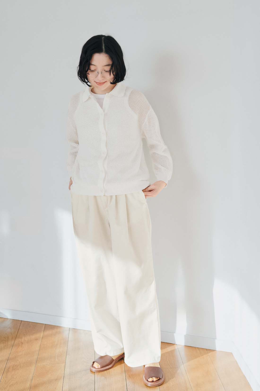 THREE FIFTY STANDARD|THREE FIFTY STANDARD　衿付きニット透かし編みカーディガン〈オフホワイト〉