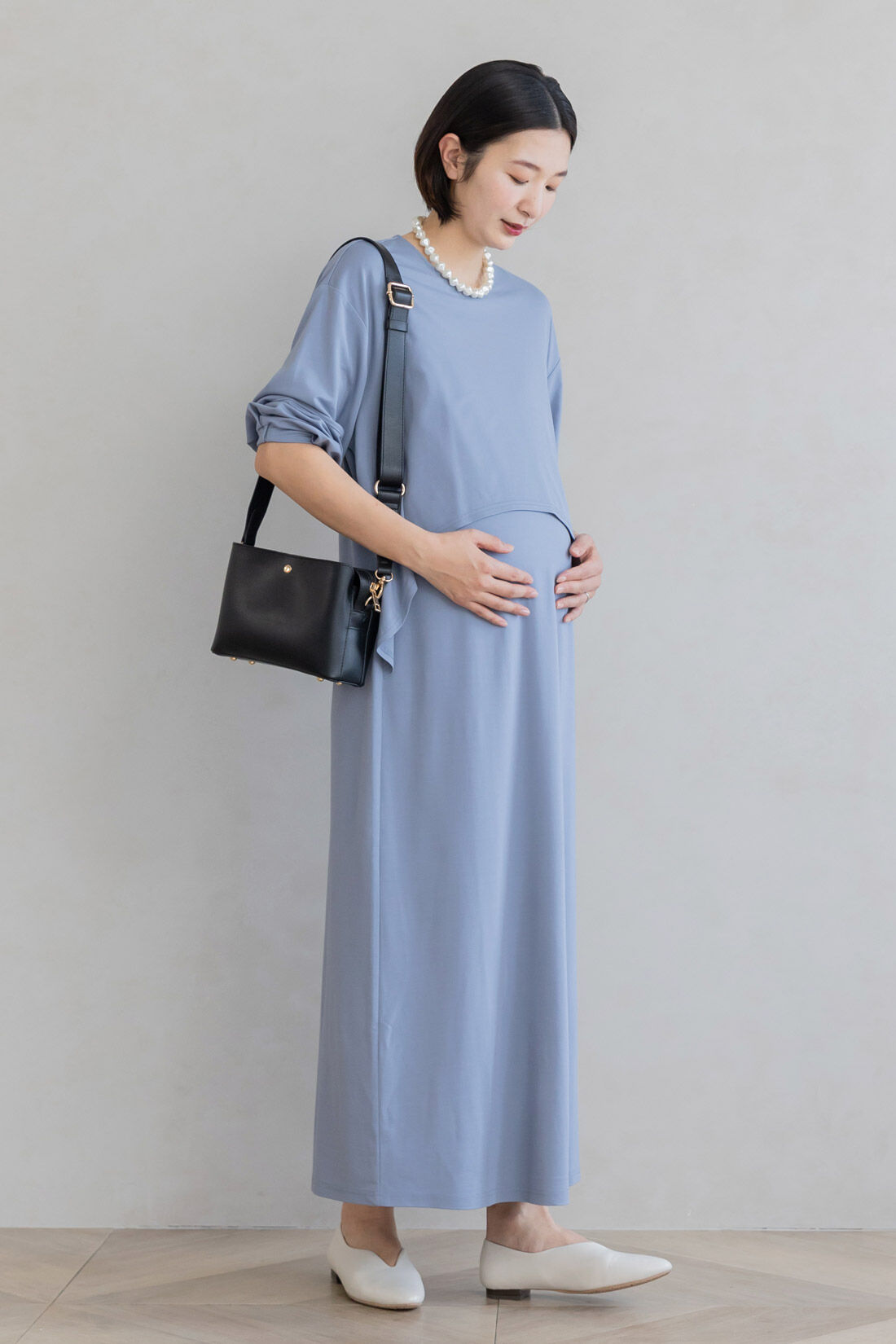 フェリシモMama|Moredde　フォーマルシーンでも使える　授乳がかんたん　しなやかカットソーのデザインワンピース〈グレイッシュブルー〉