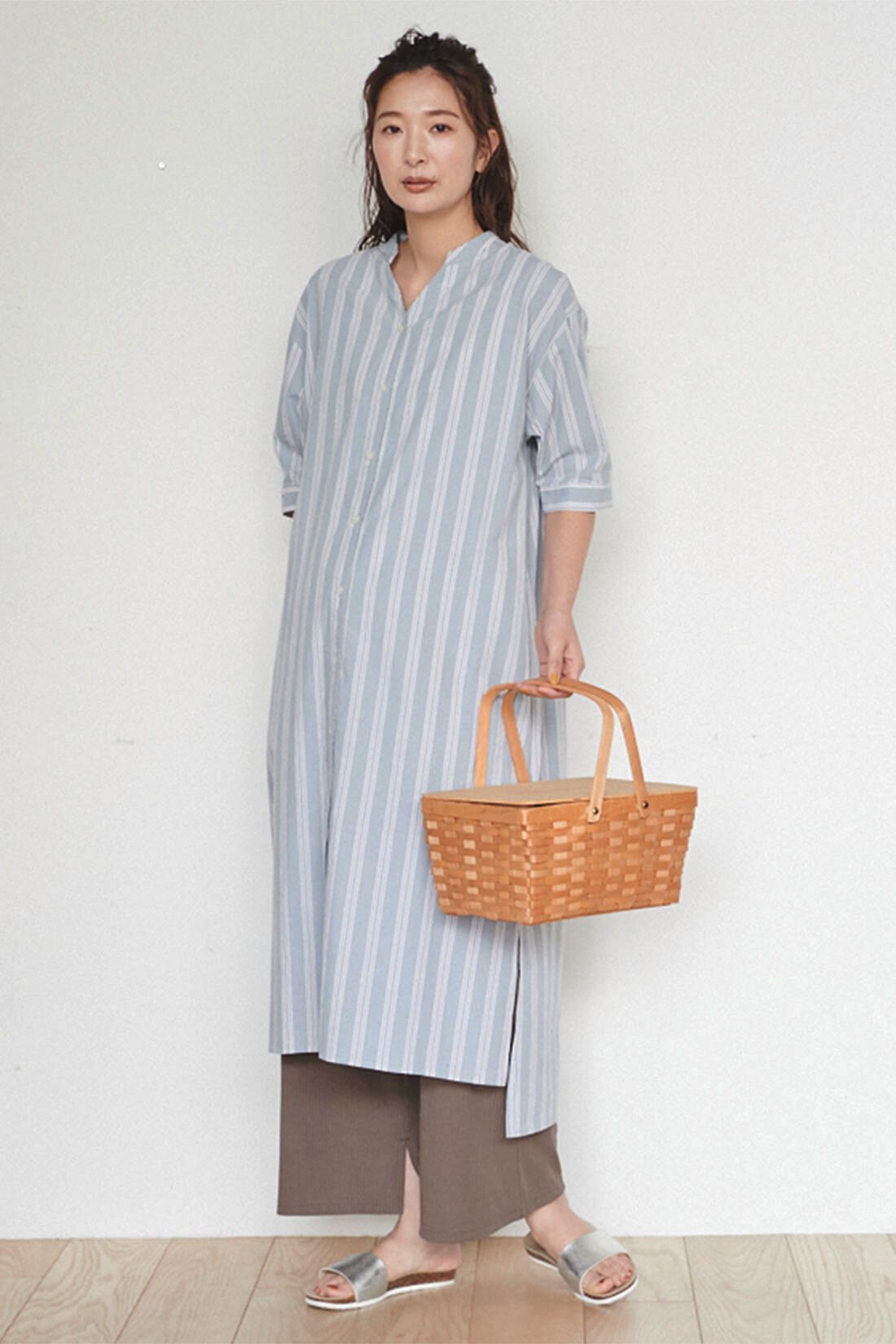 フェリシモMama|Moredde　マタニティ・産後使える　ウエストクロス仕様の涼やか素材リブワイドレギンス〈ブラウン〉