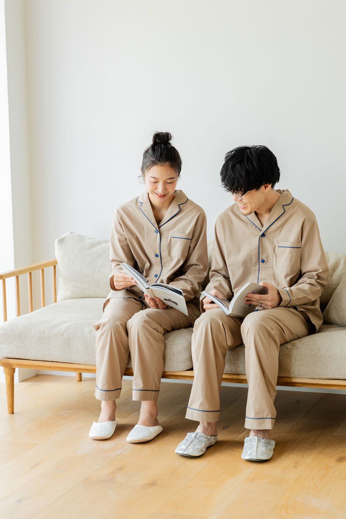 FELISSIMO Mama|Moredde　肌側の微起毛が心地いい　コットン１００％の前あきパジャマ〈ダークベージュ〉|パートナーとおそろいでリラックスタイムを過ごせます