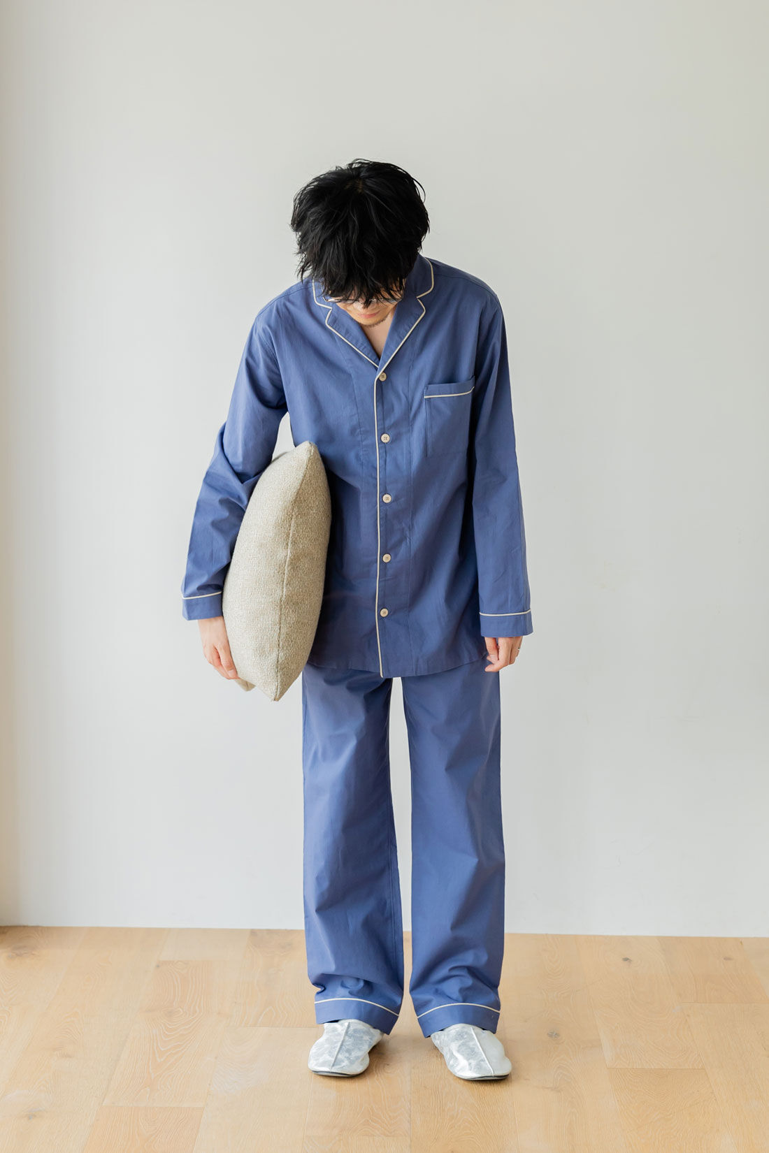 FELISSIMO Mama|Moredde　肌側の微起毛が心地いい　コットン１００％の前あきメンズパジャマ〈アッシュブルー〉