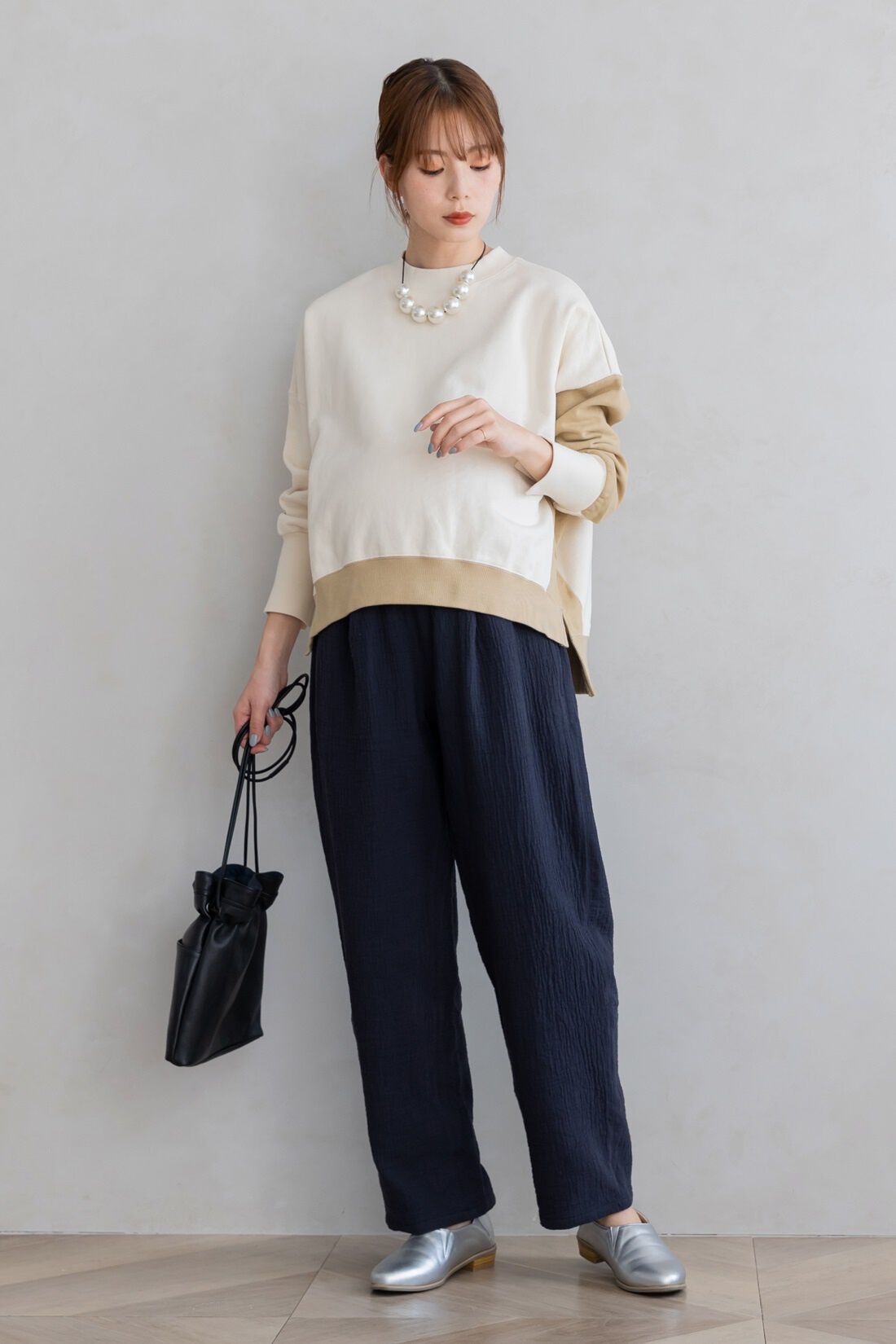 FELISSIMO Mama|Moredde　綿100％楊柳ダブルガーゼ素材が気持ちいい　産前産後楽しめるワイドパンツ〈ブラック〉