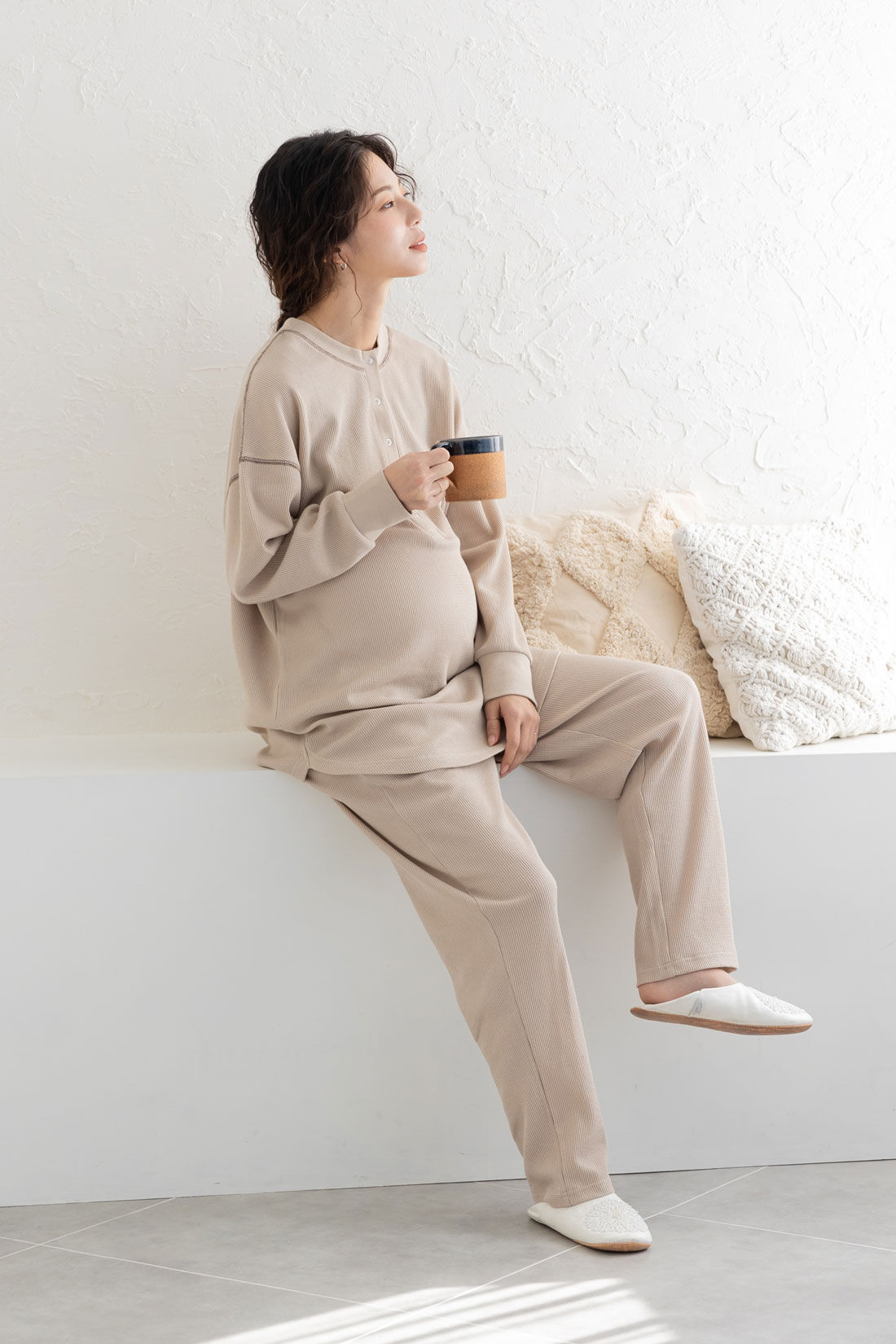 フェリシモMama|Moredde　ワッフル素材のルームウェアセット〈ベージュ〉