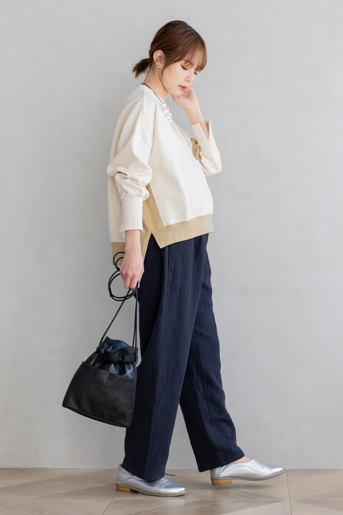 FELISSIMO Mama|Moredde　綿100％楊柳ダブルガーゼ素材が気持ちいい　産前産後楽しめるワイドパンツ〈ブラック〉