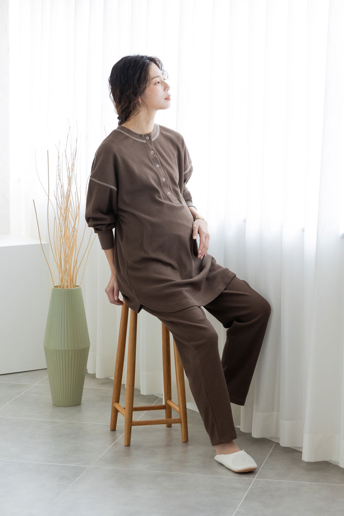 フェリシモMama|Moredde　ワッフル素材のルームウェアセット〈ブラウン〉