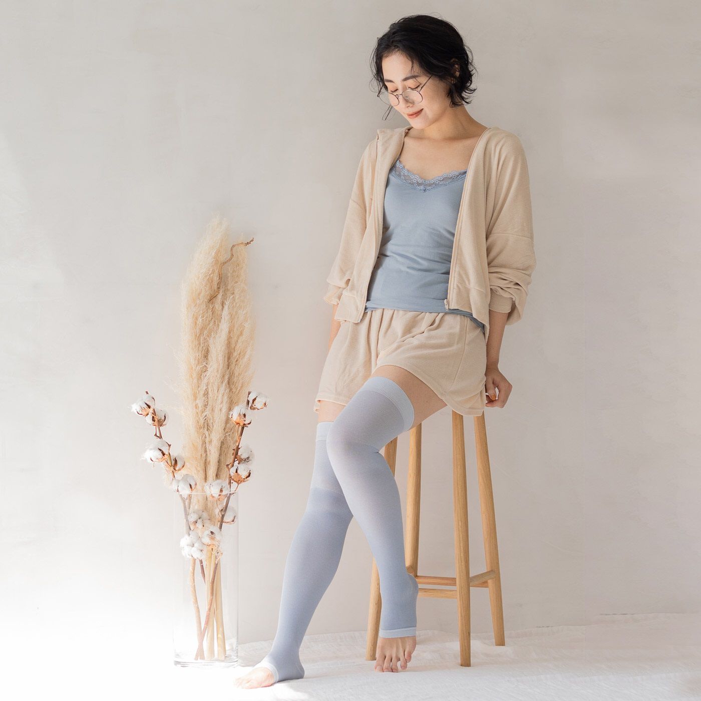フェリシモMama|Moredde　コットン混で心地いい　着圧ニーハイソックス＜サックスブルー＞