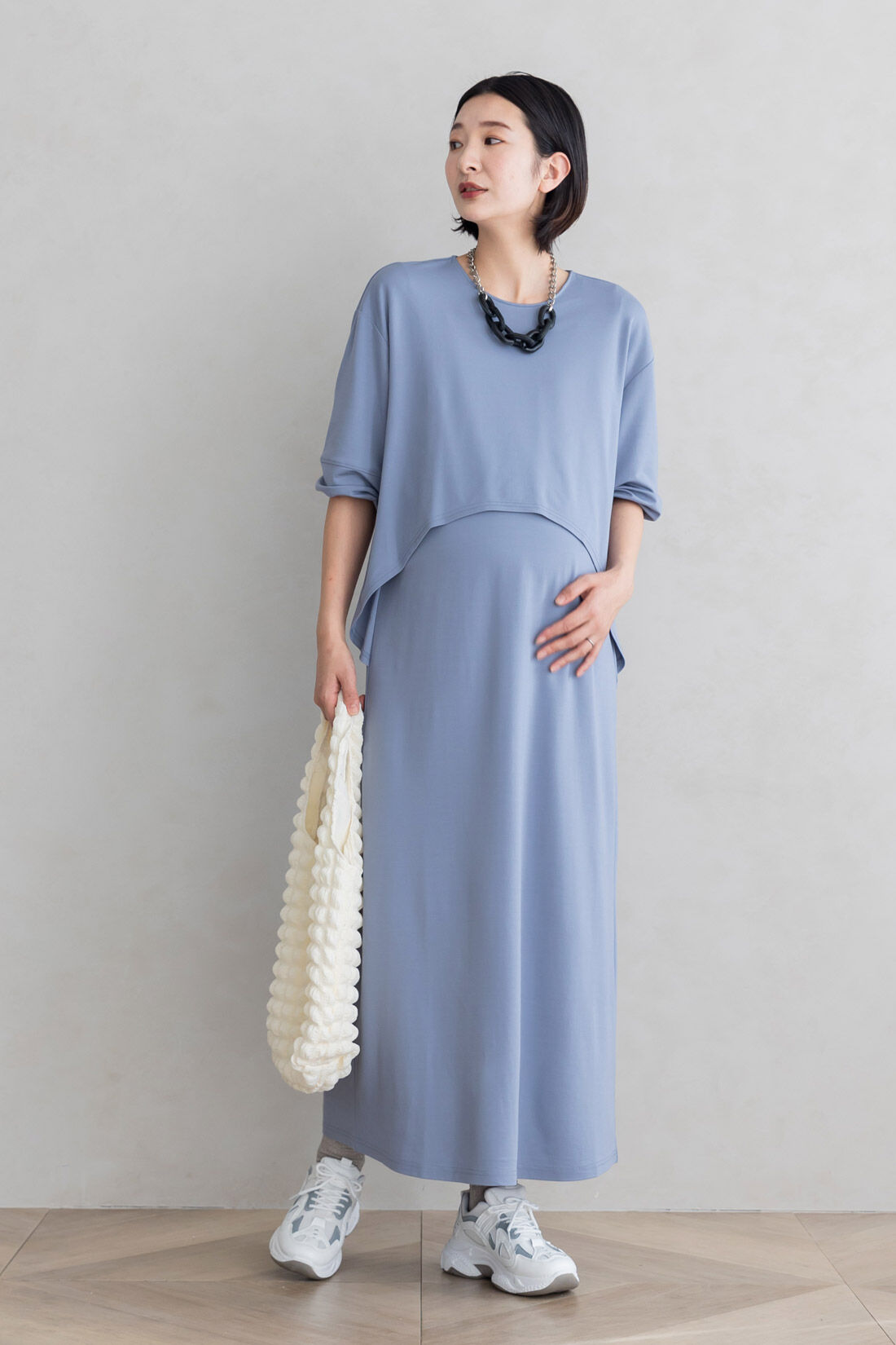 フェリシモMama|Moredde　フォーマルシーンでも使える　授乳がかんたん　しなやかカットソーのデザインワンピース〈グレイッシュブルー〉