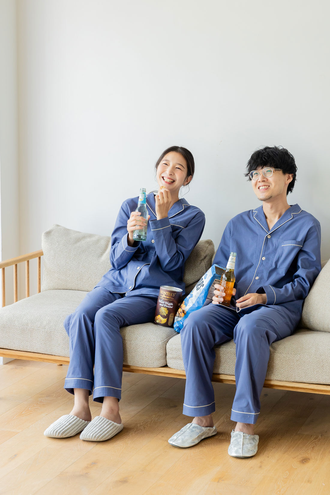 FELISSIMO Mama|Moredde　肌側の微起毛が心地いい　コットン１００％の前あきメンズパジャマ〈アッシュブルー〉|パートナーとおそろいでリラックスタイムを過ごせます
