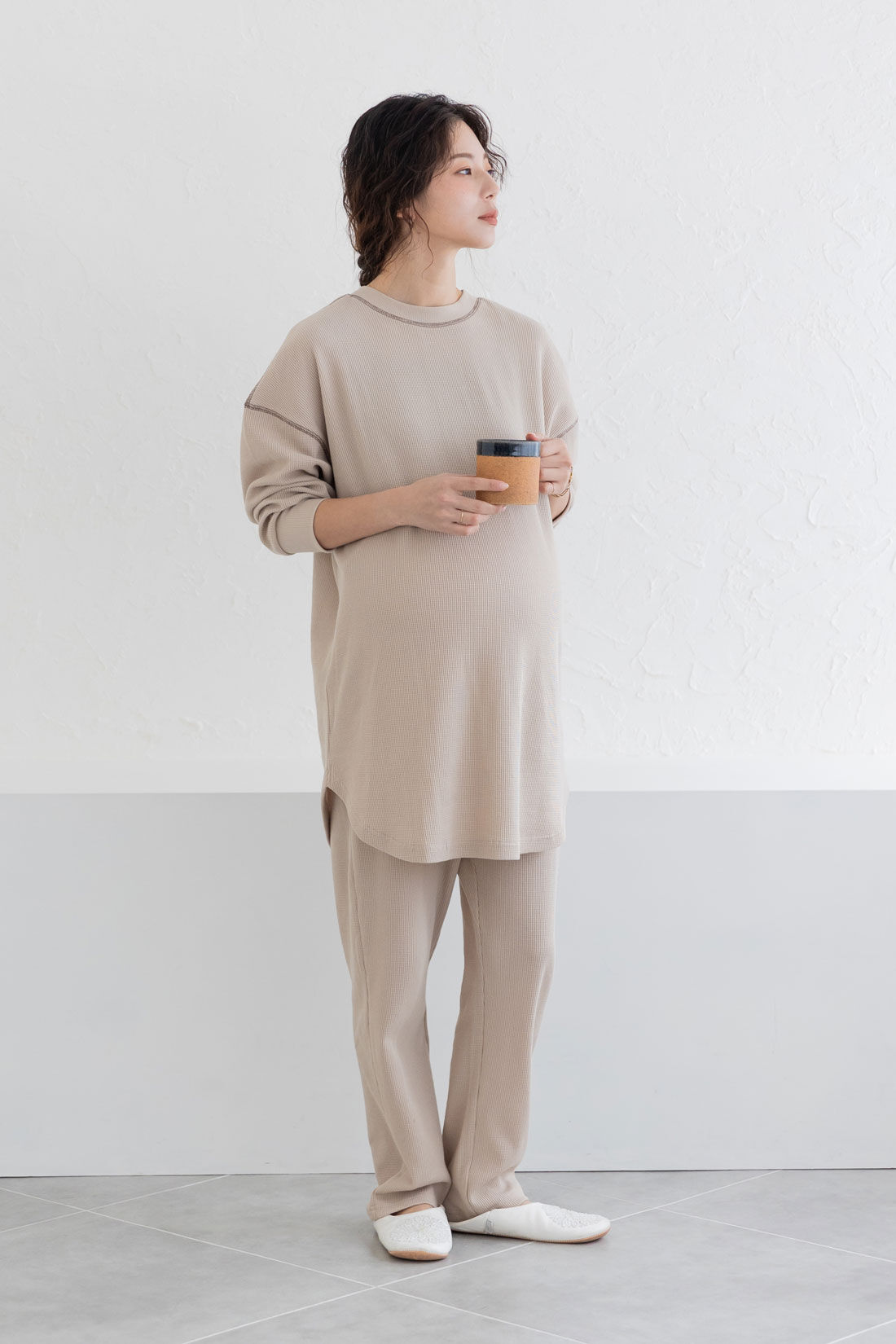 フェリシモMama|Moredde　ワッフル素材のルームウェアセット〈ベージュ〉|トップスは前後着られる２－WAY仕様