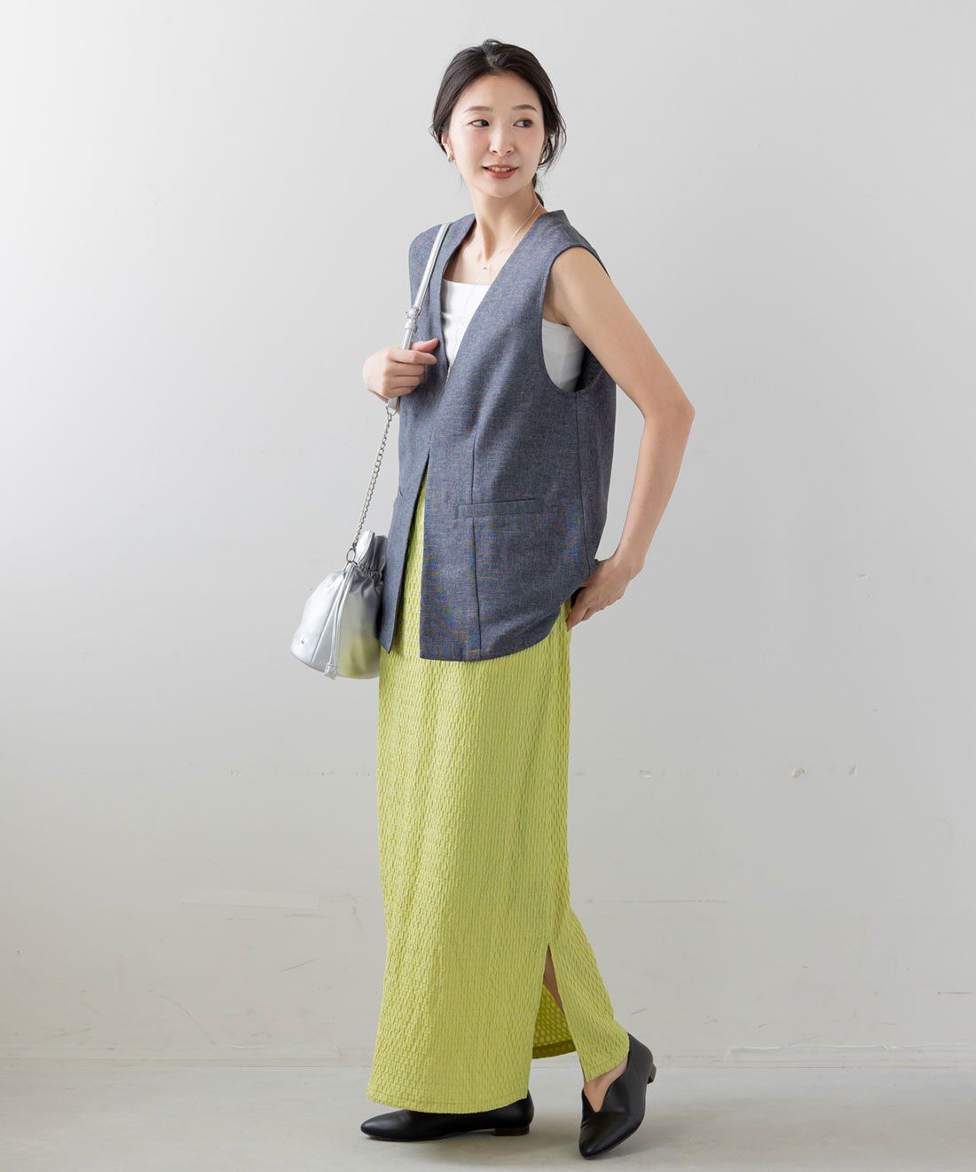 FELISSIMO Mama|Ｍｏｒｅｄｄｅ　産前・産後使える　ふくれジャカード　Ｉラインスカート〈ライムグリーン〉