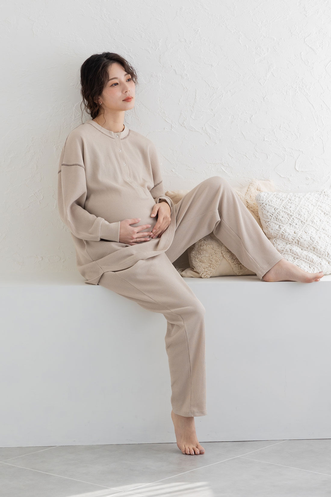 フェリシモMama|Moredde　ワッフル素材のルームウェアセット〈ベージュ〉