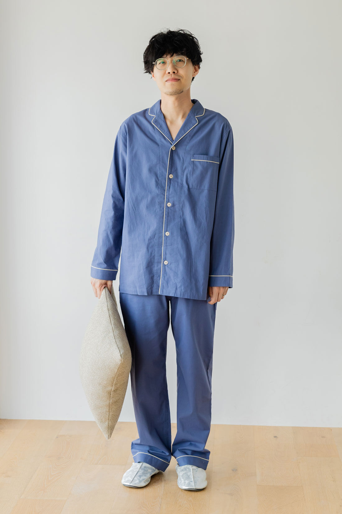 FELISSIMO Mama|Moredde　肌側の微起毛が心地いい　コットン１００％の前あきメンズパジャマ〈アッシュブルー〉