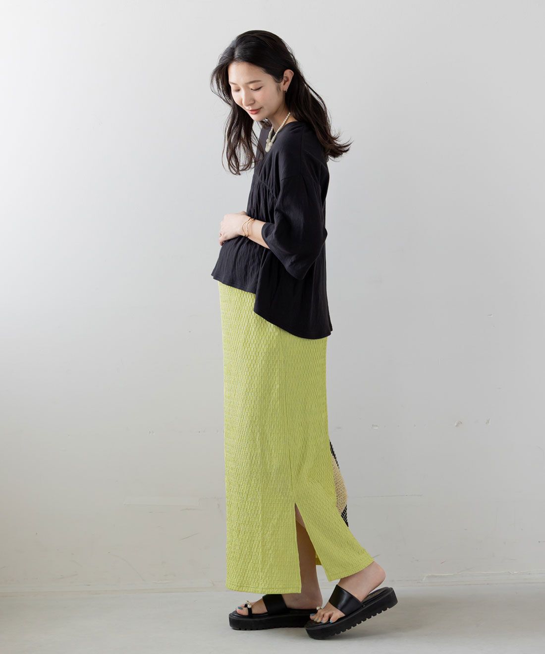 FELISSIMO Mama|Ｍｏｒｅｄｄｅ　産前・産後使える　ふくれジャカード　Ｉラインスカート〈ライムグリーン〉