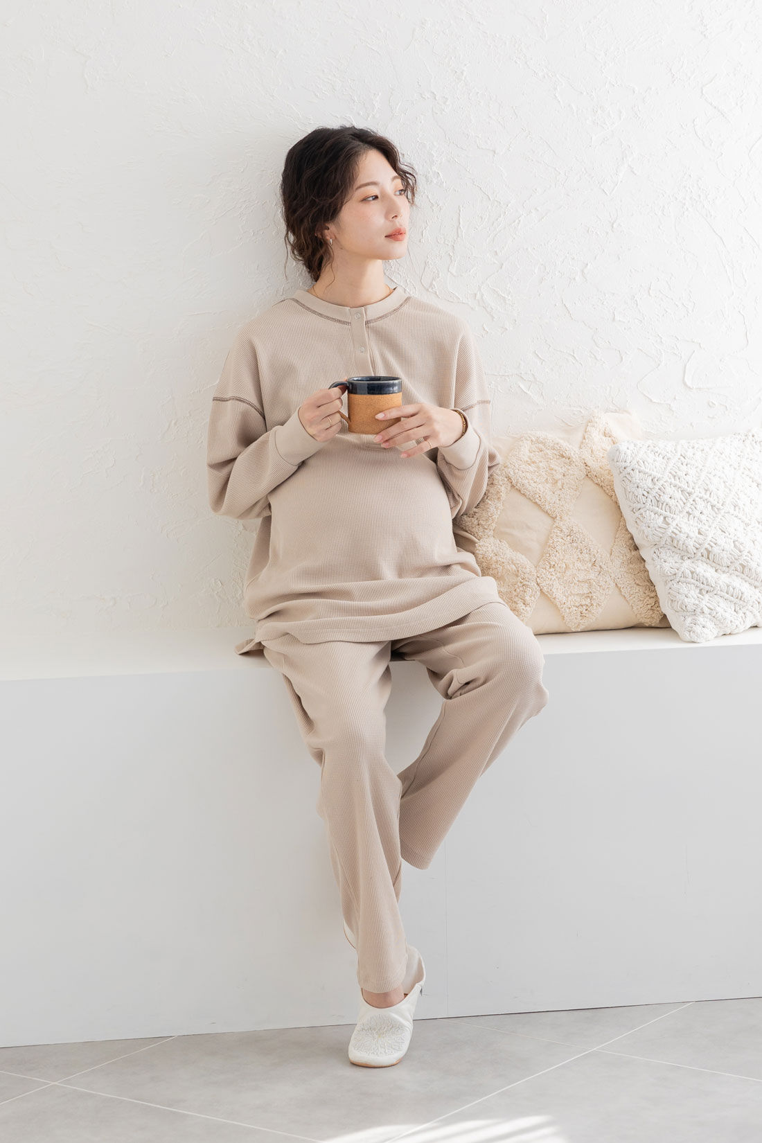 フェリシモMama|Moredde　ワッフル素材のルームウェアセット〈ベージュ〉