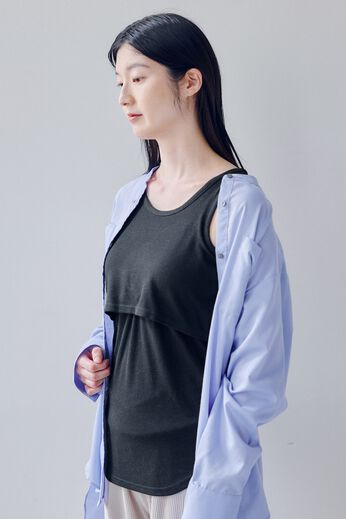 FELISSIMO Mama | カップ付き テレコ リブ 授乳タンクトップ〈ブラック〉