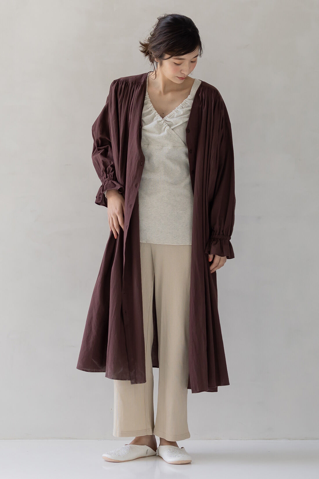 フェリシモMama|Moredde　綿１００％のエニワイズ加工が肌にやさしい　カシュクール授乳インナートップス〈ブラック〉|女性らしいテレコ素材で普段使いにもおすすめです。　※写真は別色です。