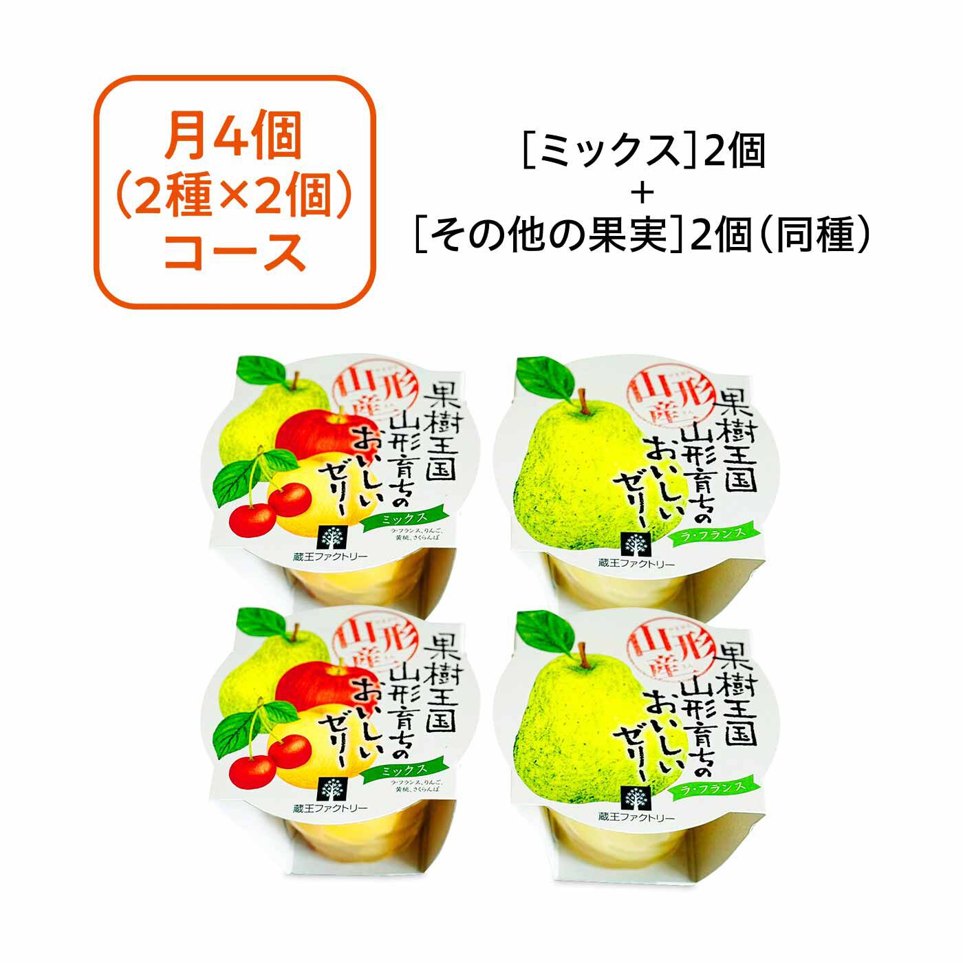 純農|純農 たっぷり果実にうっとり♪ 涼を呼ぶ 果樹王国山形育ちのおいしいゼリーセットの会 カラダにごほうび月4個コース（4回予約）|●それぞれ1回のお届けセット内容例です。