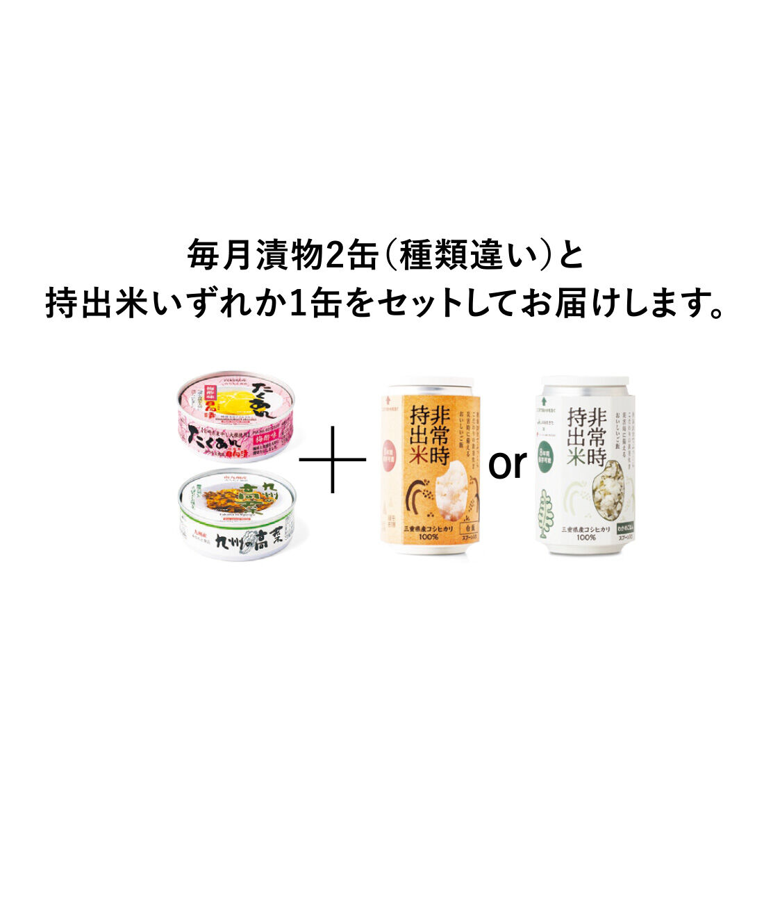 純農|純農 ほっとする気持ちをストック！ レアな九州漬物缶詰と8年保存非常時持出米の会（12回予約）|●1回のお届けセット例です。