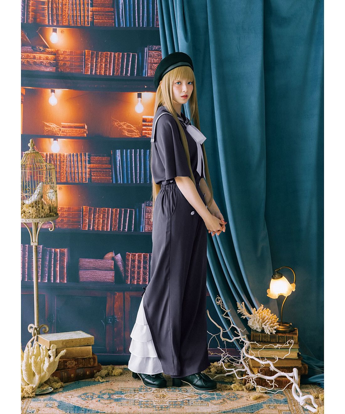魔法部|魔法部　凪を感じる魔法学校の制服　マリン風ワイドパンツ〈ブルーグレー〉