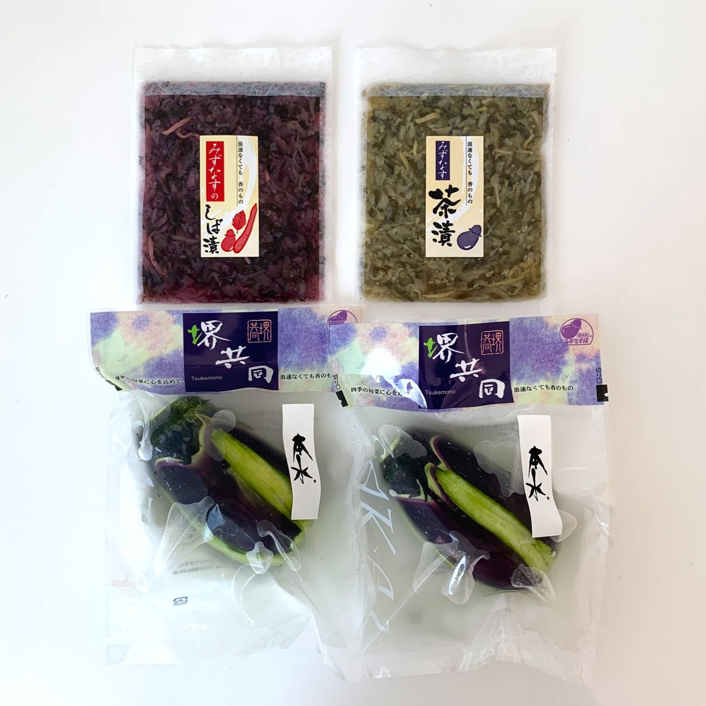 Natucul Chou Club|泉州みずなすの原種「本水」セット|セット内容/本水 2個(1個当たり150ｇ～200ｇ)  、みずなすのしば漬１袋（90g）、みずなす茶漬１袋（90g）