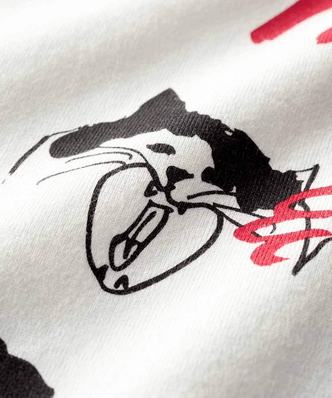 L'AMIPLUS|ラミプリュス×幸生窯 ミャーとしあわせを願う オーガニックコットンTシャツ by LOVE＆PEACE PROJECT〈ホワイト〉|しっかりした生地感のオーガニックコットンに何とも言えないほっこりした表情の縁起のよい「ハチワレ猫」をプリントしました。