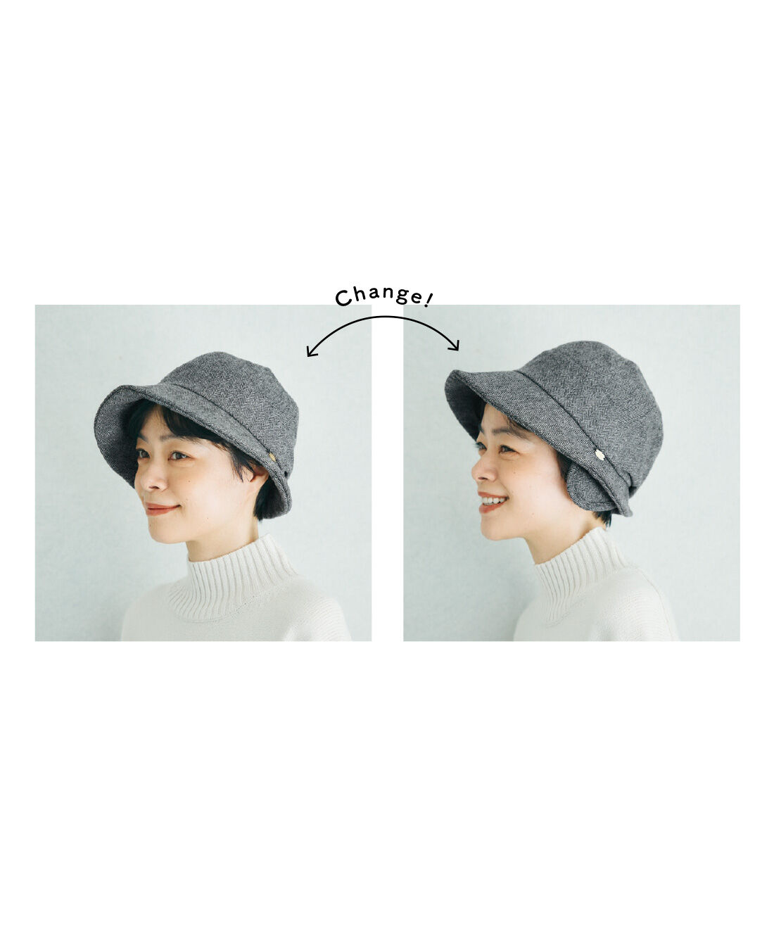 L'AMIPLUS［ラミプリュス］|ラミプリュス　寒さに合わせて付け外しできる　耳あて付きウール混　キャスケットハットの会