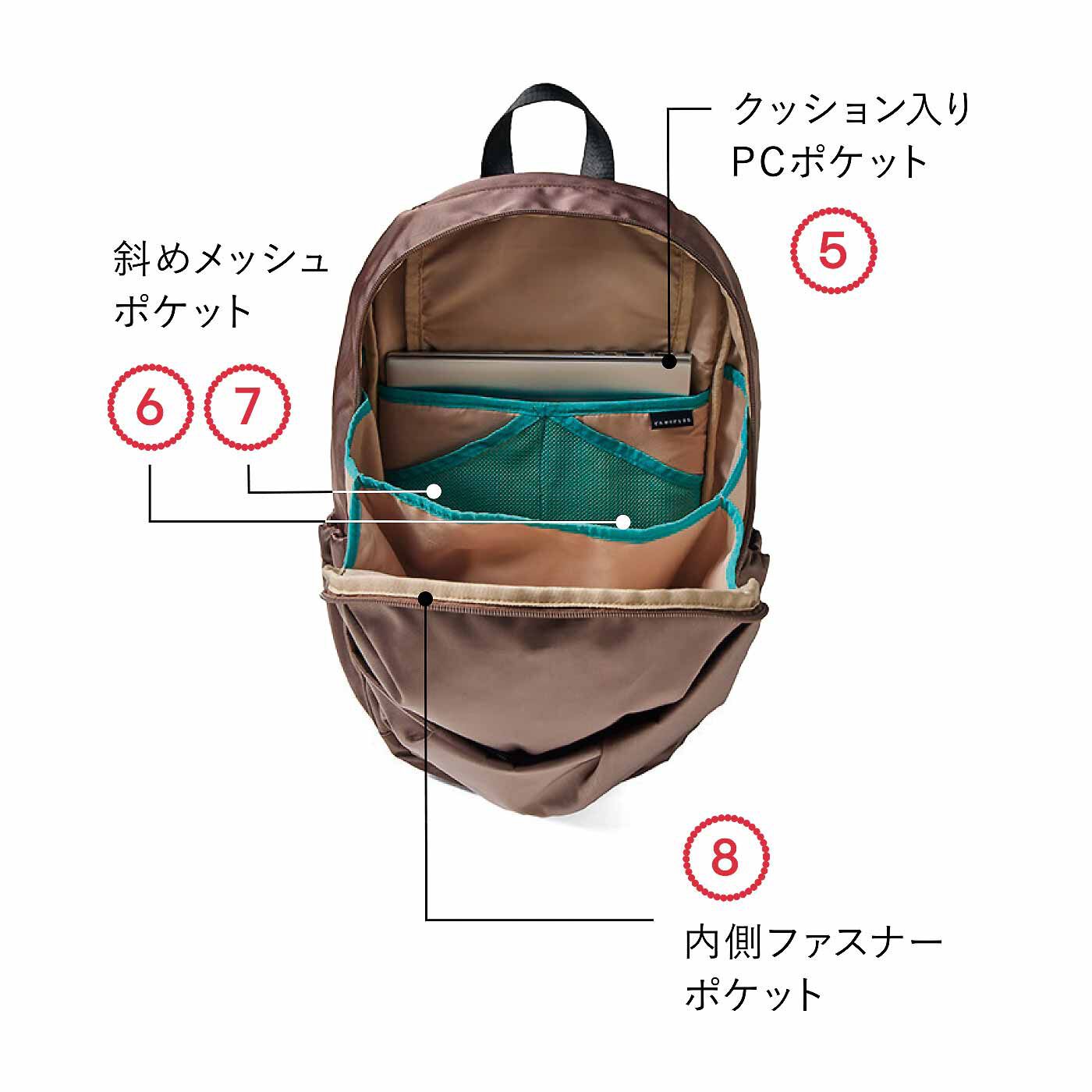 L'AMIPLUS|ラミプリュス ガバッと開いて一目瞭然！ 9ポケ＆仕切りで仕分け上手 撥水スマートリュック〈パールココア〉