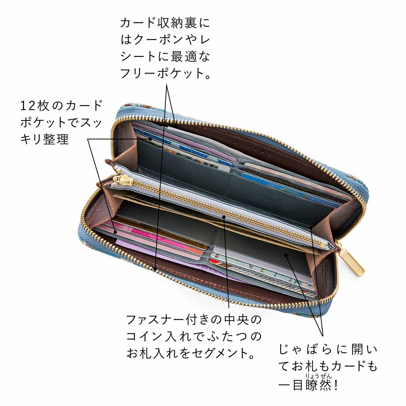 L'AMIPLUS|ラミプリュス　内側じゃばら本革遣い 麗しい草花が織り上げられた ジャカード長財布〈ターコイズブルー〉