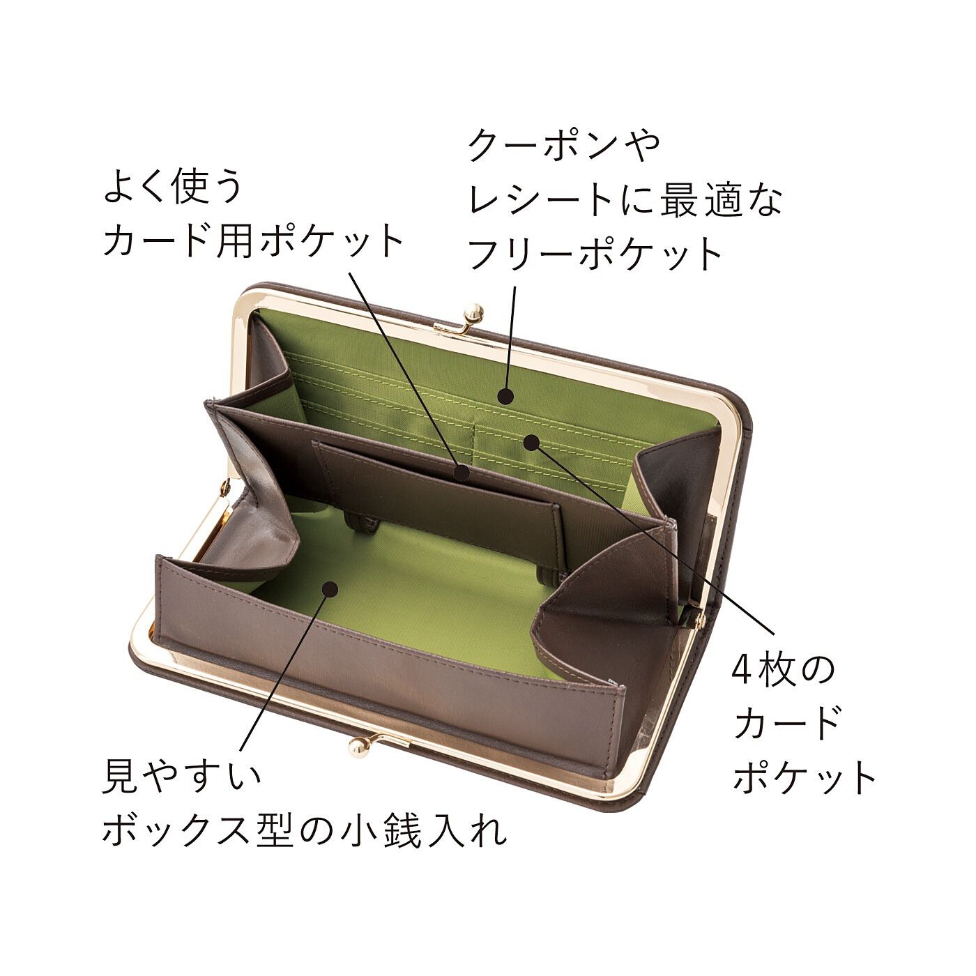 L'AMIPLUS|ラミプリュス　パチンと瞬時にオープン！　レシートと小銭がパッと分かれる　コインスルーがま口財布の会|大容量でも、パチンと開けば一目瞭然。