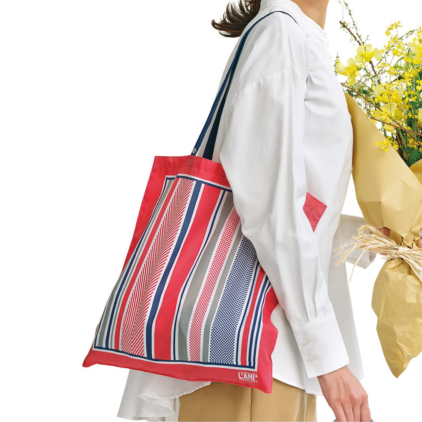 L'AMIPLUS|ラミプリュス　急な買い物も安心　結んでお出かけスカーフエコバッグ〈ストライプ〉の会